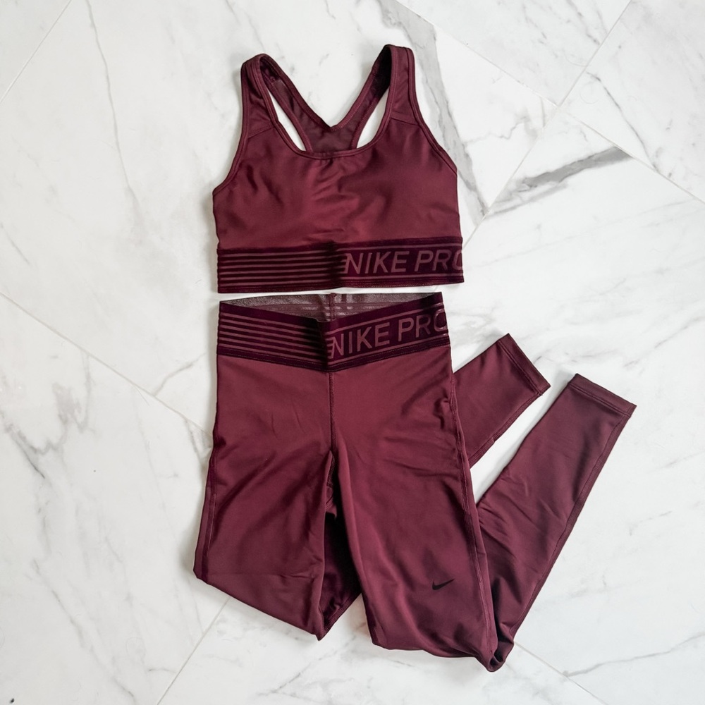 Nike Pro Dri-Fit Burgundy Sports Bra and Therma Leggings Set
